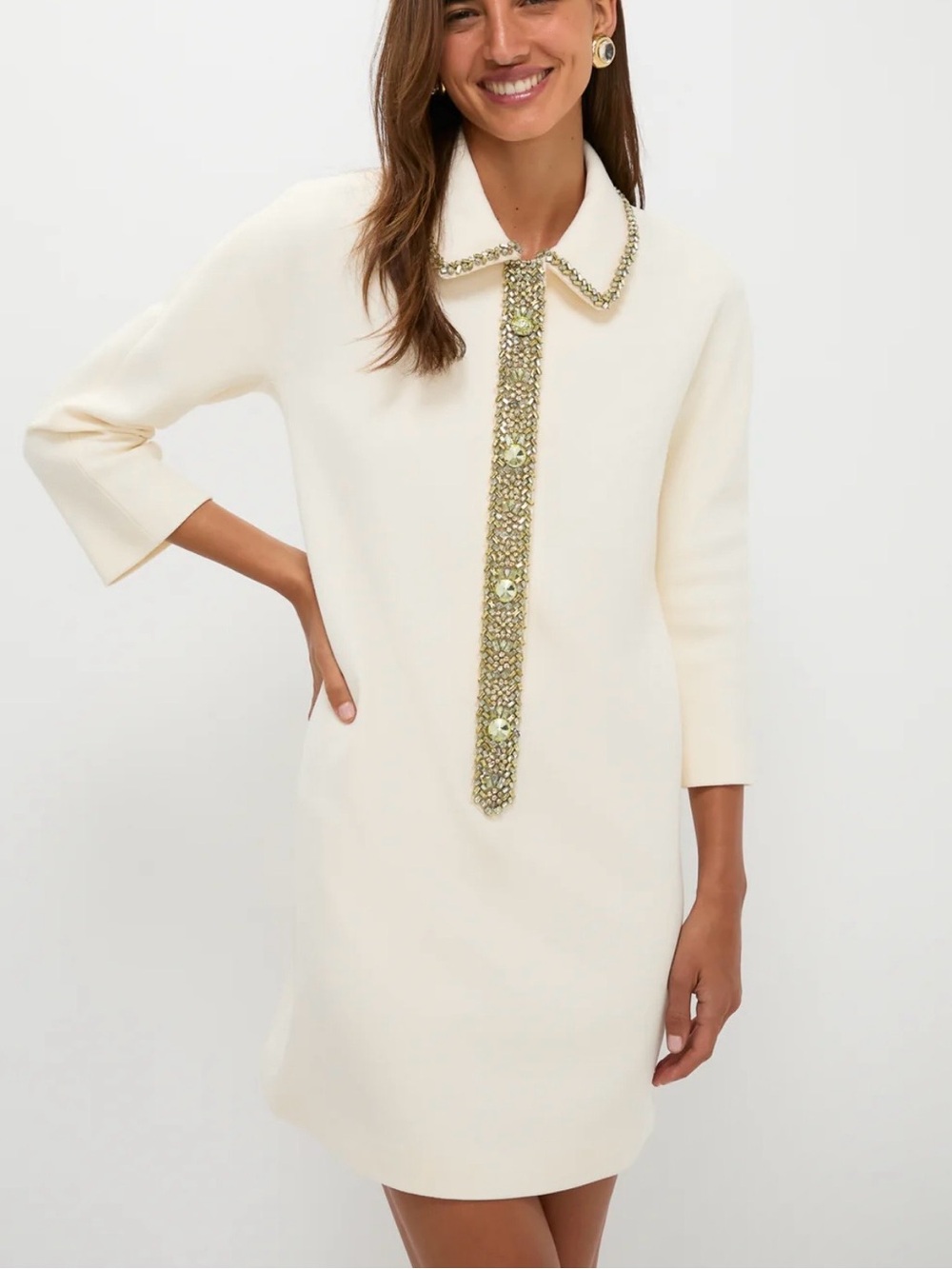 Tuckernuck Cream Knit Shift Dress with Gold Jeweled Trim